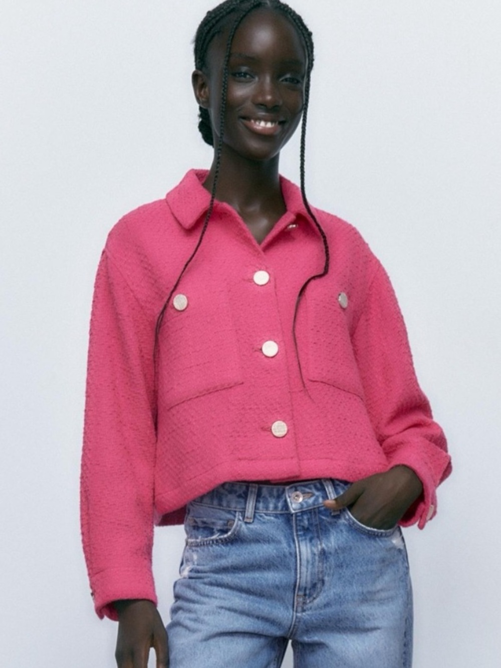 Zara Women’s Hot Pink Cropped Tweed Textured Knit Jacket in a size Small